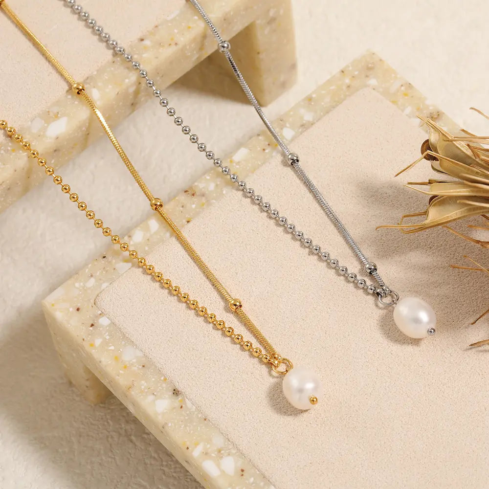 Vela Pearl Necklace-Titanium Steel Freshwater Pearl Alternating Link Chain,Minimalist Choker for Everyday Layering