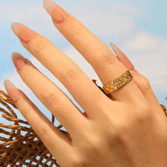 Triella Grid Ring-Titanium Steel Wide Band 24K Gold Plated with Triple Row Pavé Crystals,Vintage Industrial Design