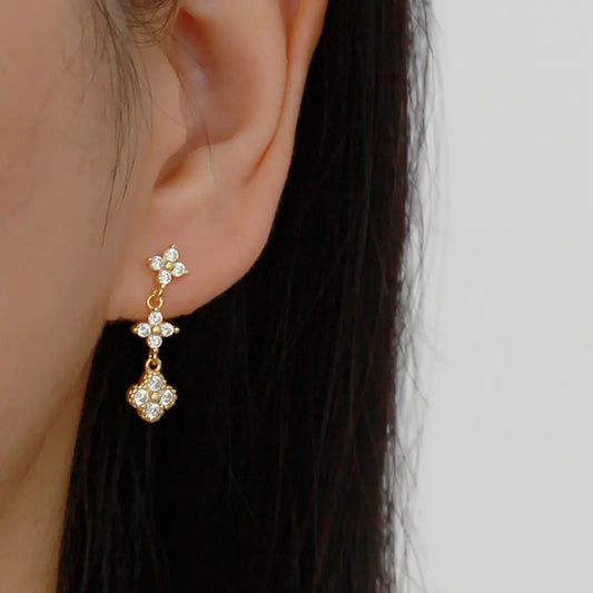 Lucky Trio Drops-Sterling Silver Three Clover Earrings,Minimalist Everyday Sparkle