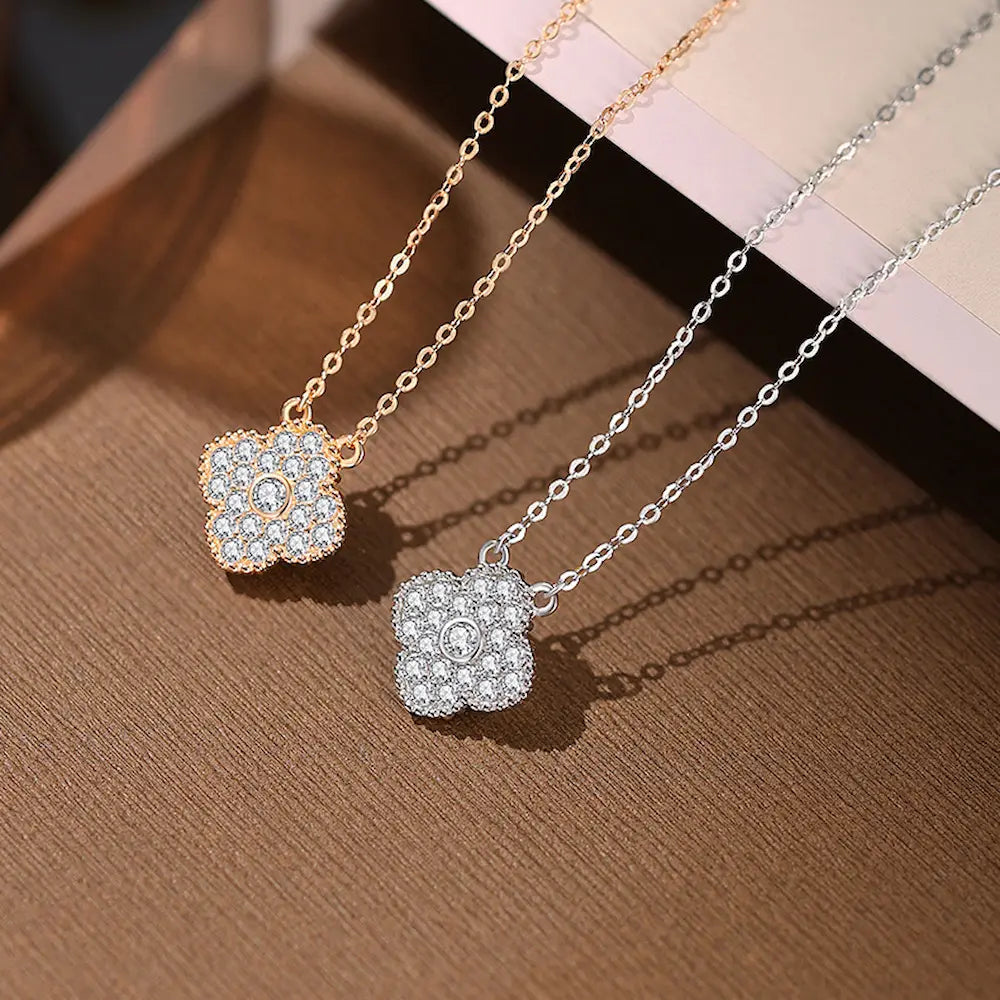 Original Lumina Clover Necklace-Sterling Silver Full Pavé Four-Leaf Pendant,Everyday Sparkle Lucky Charm