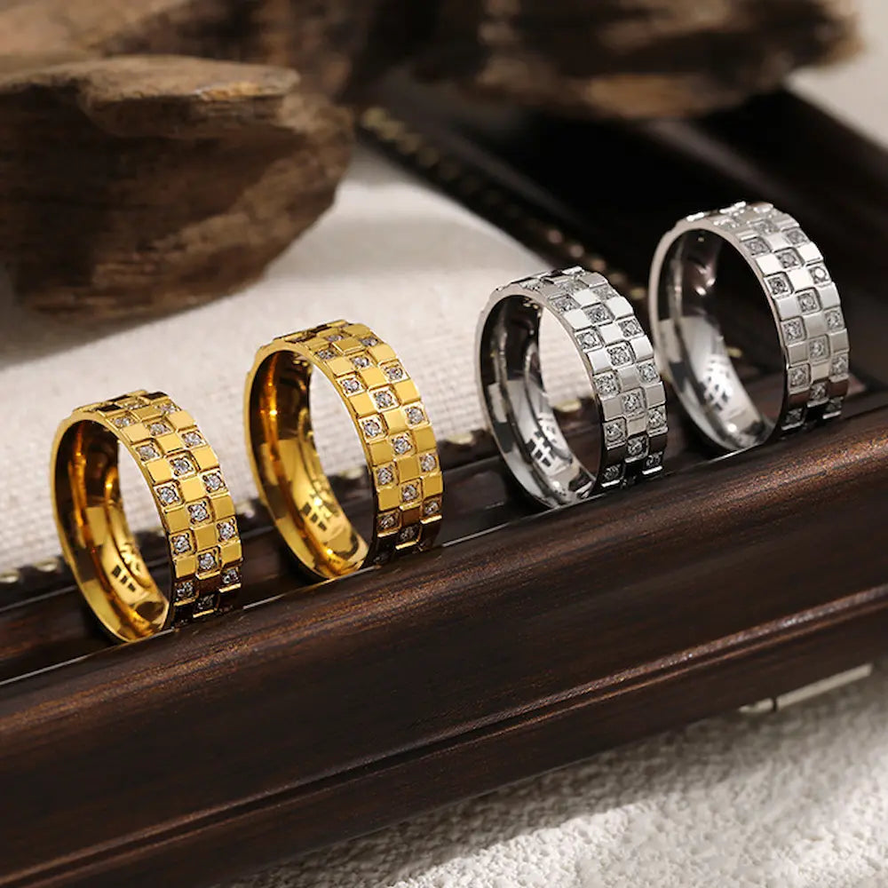 Triella Grid Ring-Titanium Steel Wide Band 24K Gold Plated with Triple Row Pavé Crystals,Vintage Industrial Design
