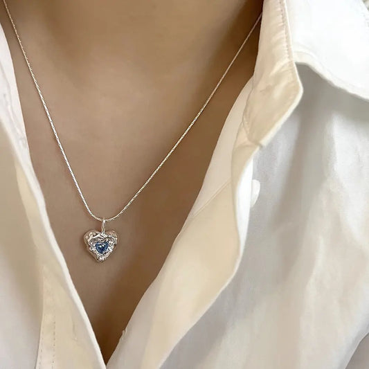 Deepsea Heart Necklace-Sterling Silver Blue Textured Heart Pendant with Center Blue Diamond Simulant,Irregular Design