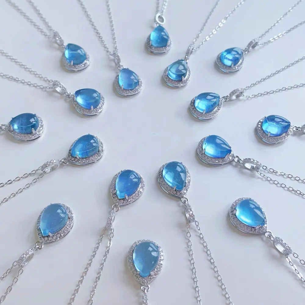 Serafina Tear Necklace – Sterling Silver Aquamarine Drop Pendant with Diamond Halo, Mermaid-Inspired