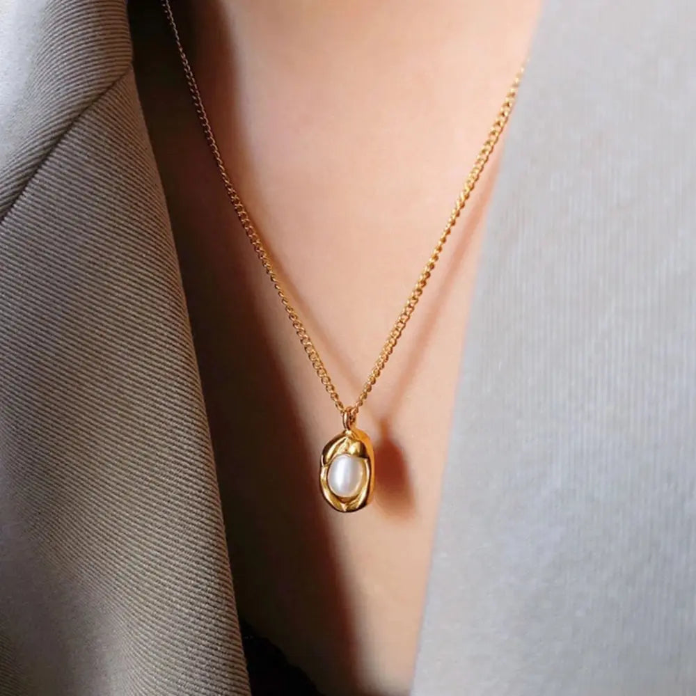 Sweet Pea Pearl Necklace-Cuban Chain with Freshwater Pearl Pod Pendant,Organic Asymmetrical Design