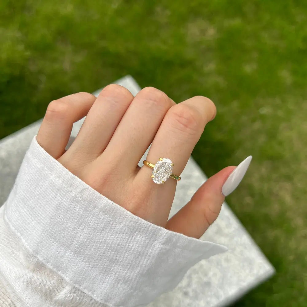 Gilded Frost Ring – Sterling Silver 18K Gold Plated 8×12mm Ice Cut Simulated Diamond Engagement Wedding Ring