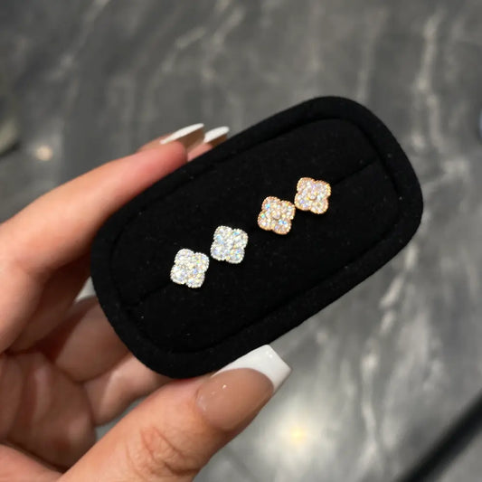Original Lumina Clover Earrings-Sterling Silver Full Pavé Four-Leaf Studs，Everyday Sparkle Lucky Charm
