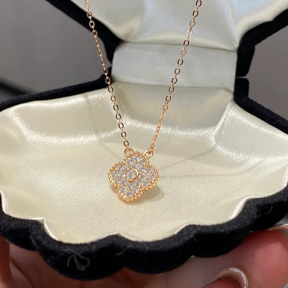 Original Lumina Clover Necklace-Sterling Silver Full Pavé Four-Leaf Pendant，Everyday Sparkle Lucky Charm