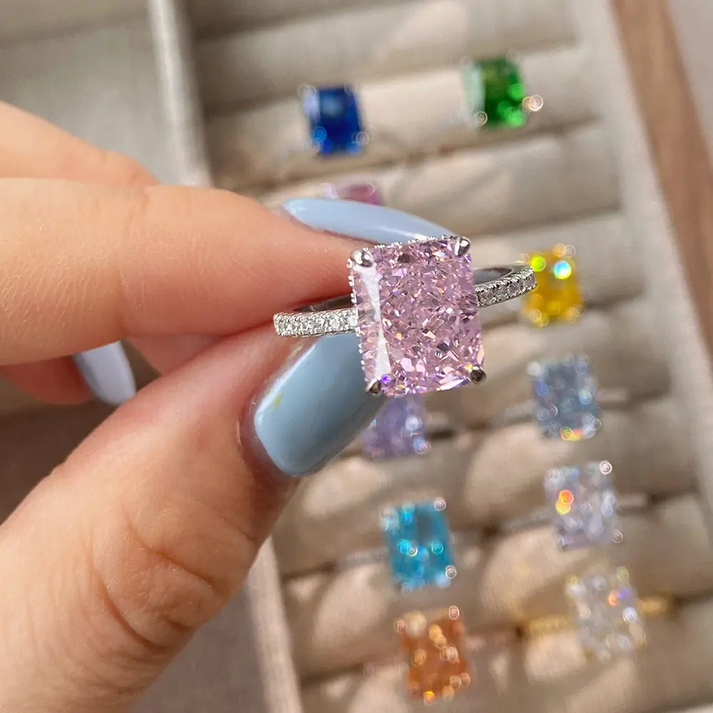 Lyra Ice Radiant Ring – Sterling Silver 8x10mm Radiant Cut Ice Flower Color Gemstone Anniversary Ring