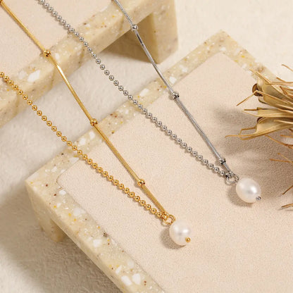Vela Pearl Necklace-Titanium Steel Freshwater Pearl Alternating Link Chain,Minimalist Choker for Everyday Layering