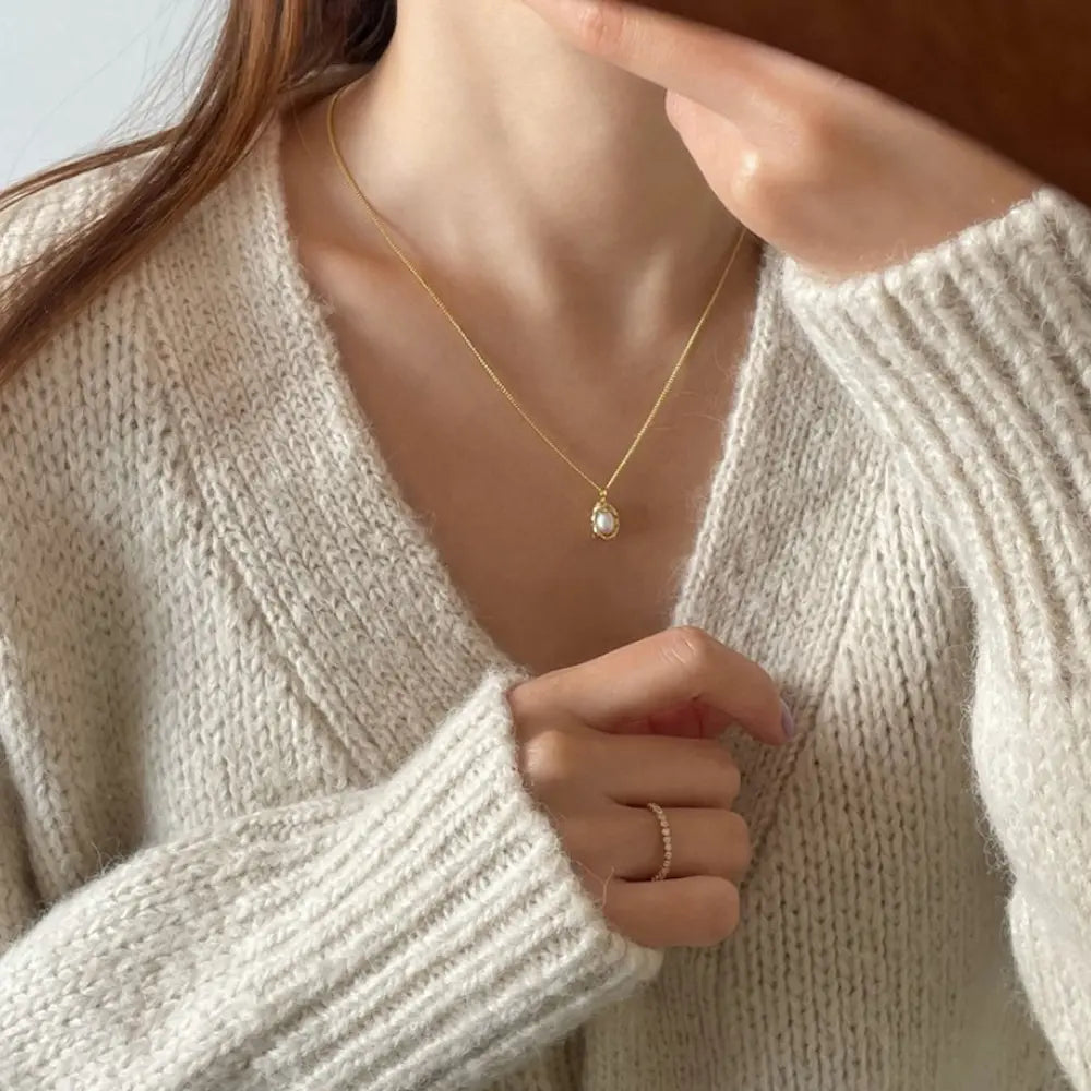 Sweet Pea Pearl Necklace-Cuban Chain with Freshwater Pearl Pod Pendant,Organic Asymmetrical Design