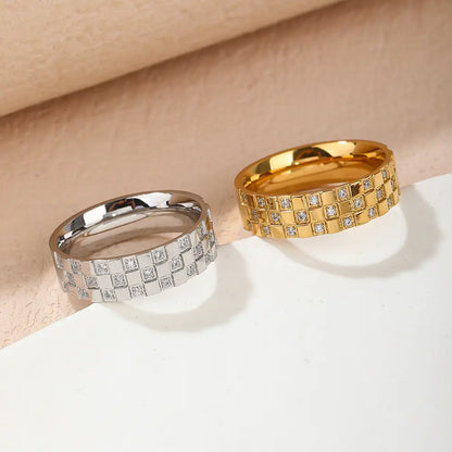 Triella Grid Ring-Titanium Steel Wide Band 24K Gold Plated with Triple Row Pavé Crystals,Vintage Industrial Design