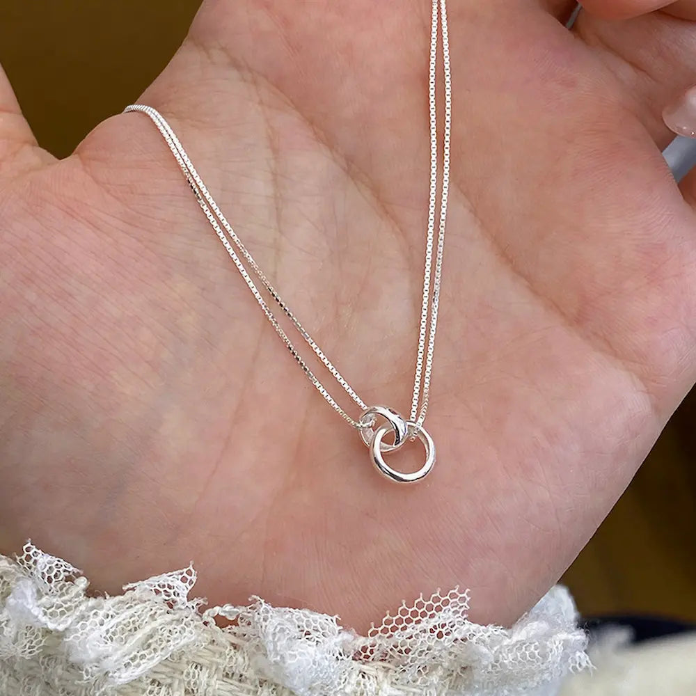 Entwined Necklace-Sterling Silver Double Chain with Interlocking Rings, Symbol of Connection