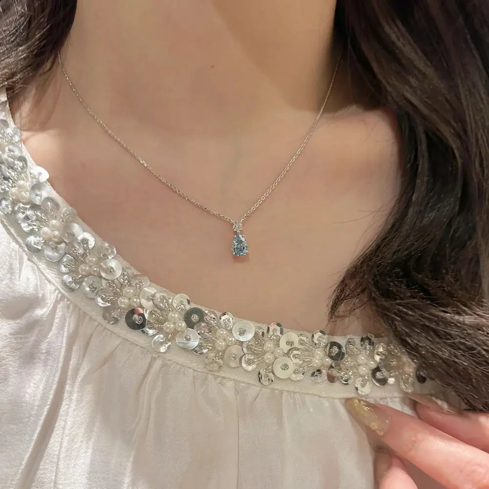 Cielo Drop Necklace-Sterling Silver Blue Teardrop Pendant,Vintage Heirloom Style for Layering