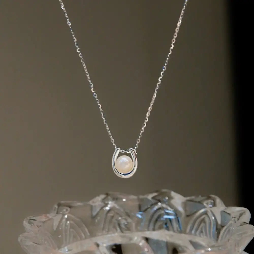 Lunar Pearl Necklace-Sterling Silver U‑Pendant with Freshwater Pearl，Minimalist Everyday Layering Piece