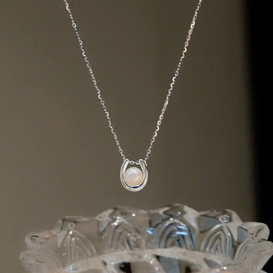 Lunar Pearl Necklace-Sterling Silver U‑Pendant with Freshwater Pearl，Minimalist Everyday Layering Piece