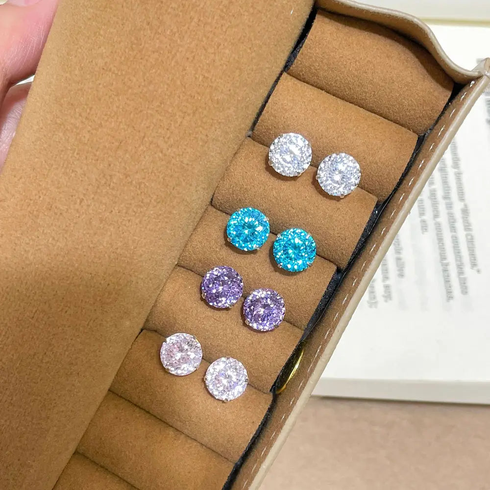 Scintilla Studs – Sterling Silver 8mm Nest Cut Cubic Zirconia Four-Prong Earrings for Lobe and Cartilage