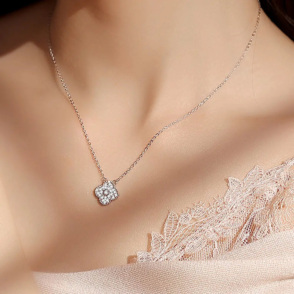 Original Lumina Clover Necklace-Sterling Silver Full Pavé Four-Leaf Pendant，Everyday Sparkle Lucky Charm