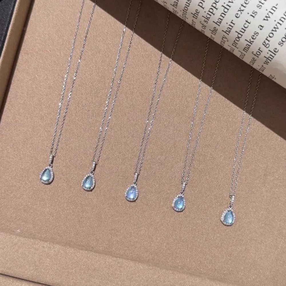 Serafina Tear Necklace – Sterling Silver Aquamarine Drop Pendant with Diamond Halo, Mermaid-Inspired