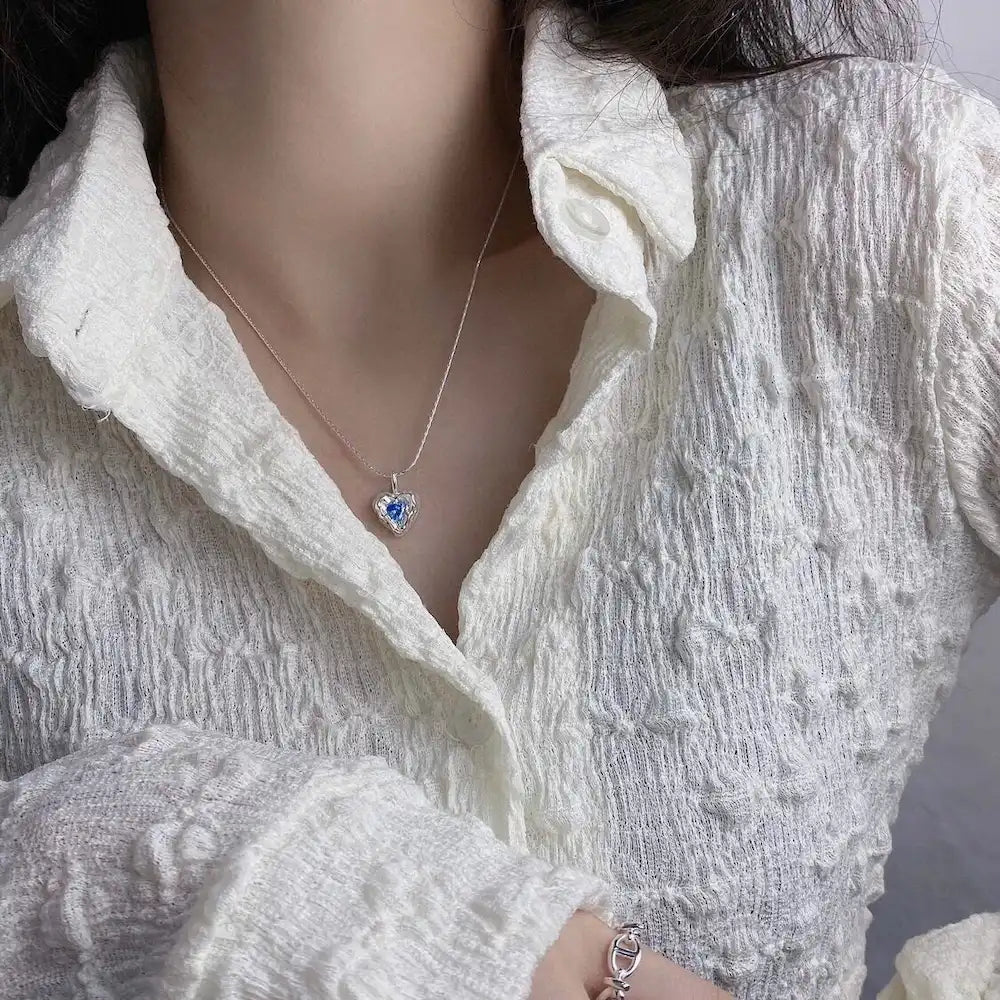 Deepsea Heart Necklace-Sterling Silver Blue Textured Heart Pendant with Center Blue Diamond Simulant，Irregular Design