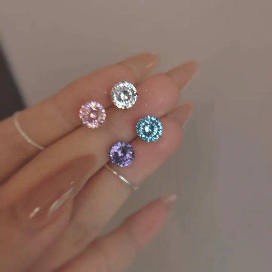 Scintilla Studs – Sterling Silver 8mm Nest Cut Cubic Zirconia Four-Prong Earrings for Lobe and Cartilage