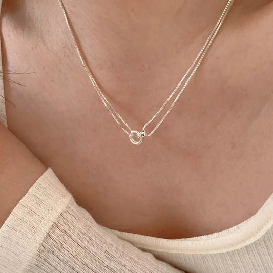 Entwined Necklace-Sterling Silver Double Chain with Interlocking Rings, Symbol of Connection