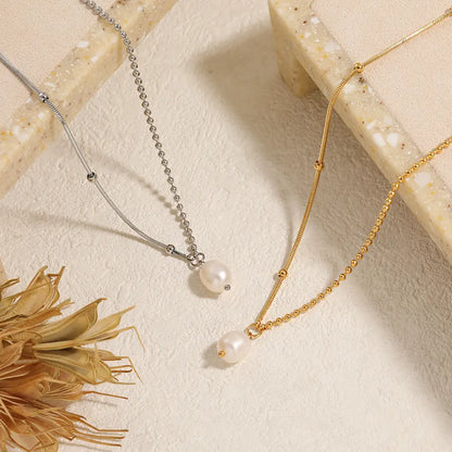 Vela Pearl Necklace-Titanium Steel Freshwater Pearl Alternating Link Chain,Minimalist Choker for Everyday Layering