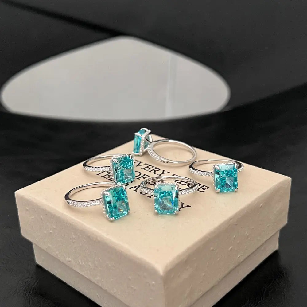 Lyra Ice Radiant Ring – Sterling Silver 8x10mm Radiant Cut Ice Flower Color Gemstone Anniversary Ring