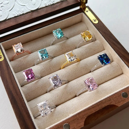 Lyra Ice Radiant Ring – Sterling Silver 8x10mm Radiant Cut Ice Flower Color Gemstone Anniversary Ring
