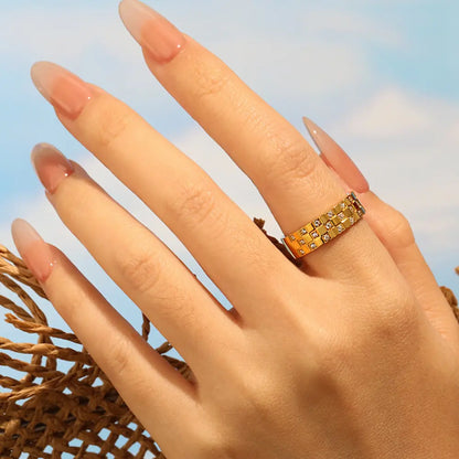 Triella Grid Ring-Titanium Steel Wide Band 24K Gold Plated with Triple Row Pavé Crystals,Vintage Industrial Design