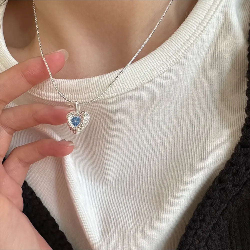 Deepsea Heart Necklace-Sterling Silver Blue Textured Heart Pendant with Center Blue Diamond Simulant，Irregular Design