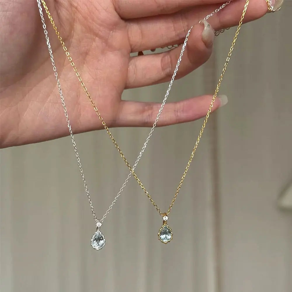 Mira Dew Necklace -Sterling Silver Tiny Light Blue Teardrop Pendant-Minimalist Everyday Layering Piece