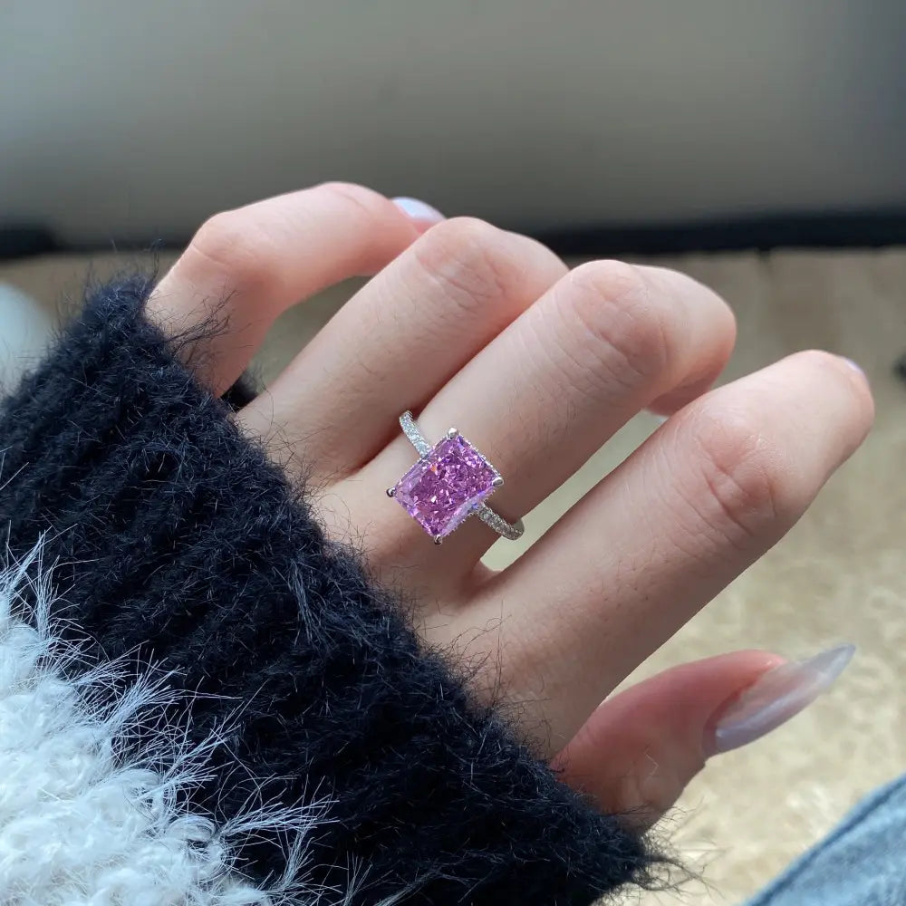 Lyra Ice Radiant Ring – Sterling Silver 8x10mm Radiant Cut Ice Flower Color Gemstone Anniversary Ring