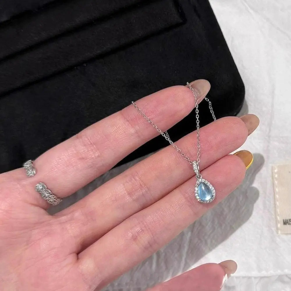 Serafina Tear Necklace – Sterling Silver Aquamarine Drop Pendant with Diamond Halo, Mermaid-Inspired