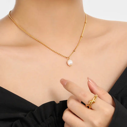 Vela Pearl Necklace-Titanium Steel Freshwater Pearl Alternating Link Chain,Minimalist Choker for Everyday Layering