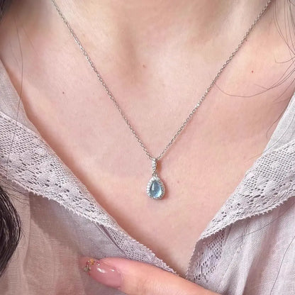 Serafina Tear Necklace – Sterling Silver Aquamarine Drop Pendant with Diamond Halo, Mermaid-Inspired