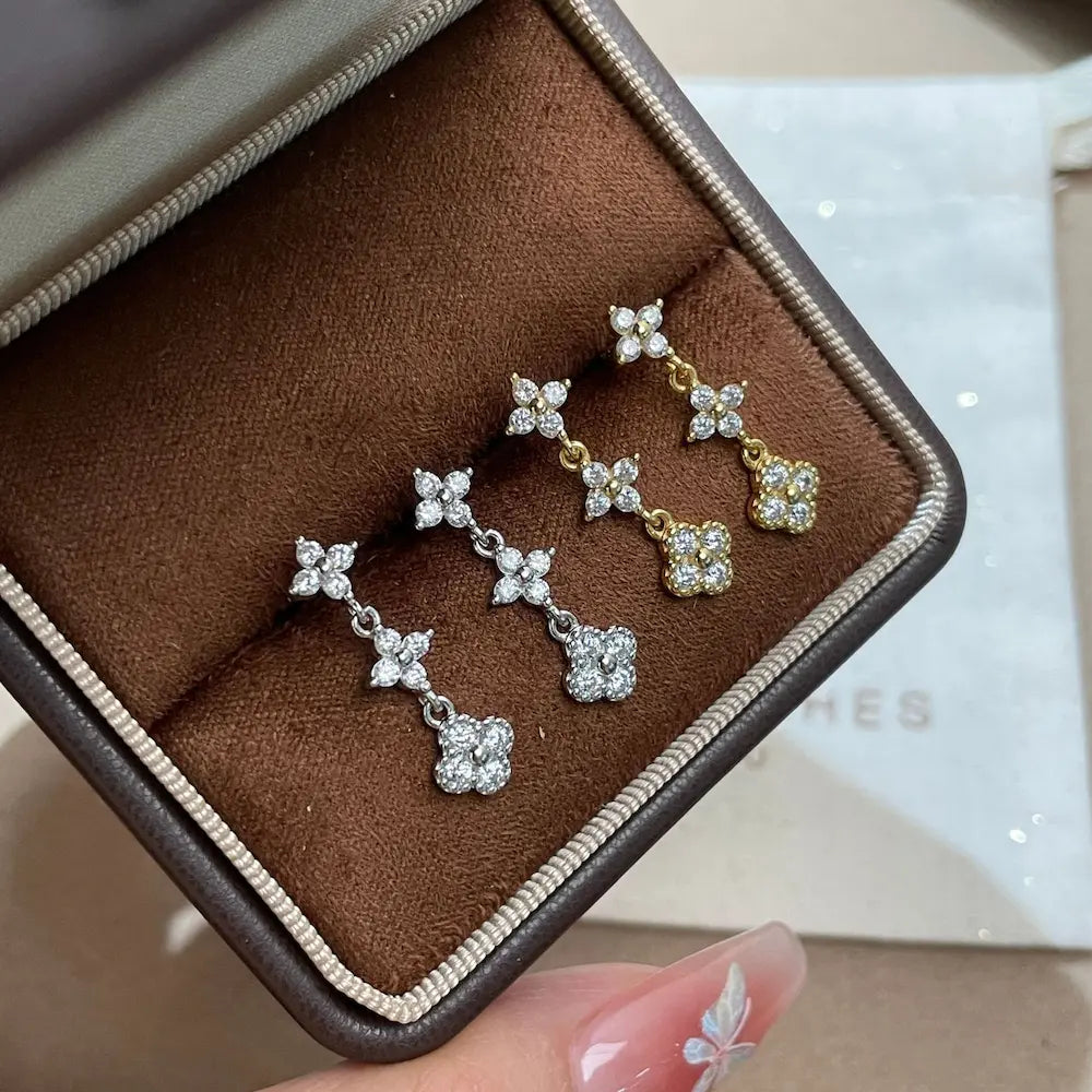 Lucky Trio Drops-Sterling Silver Three Clover Earrings,Minimalist Everyday Sparkle