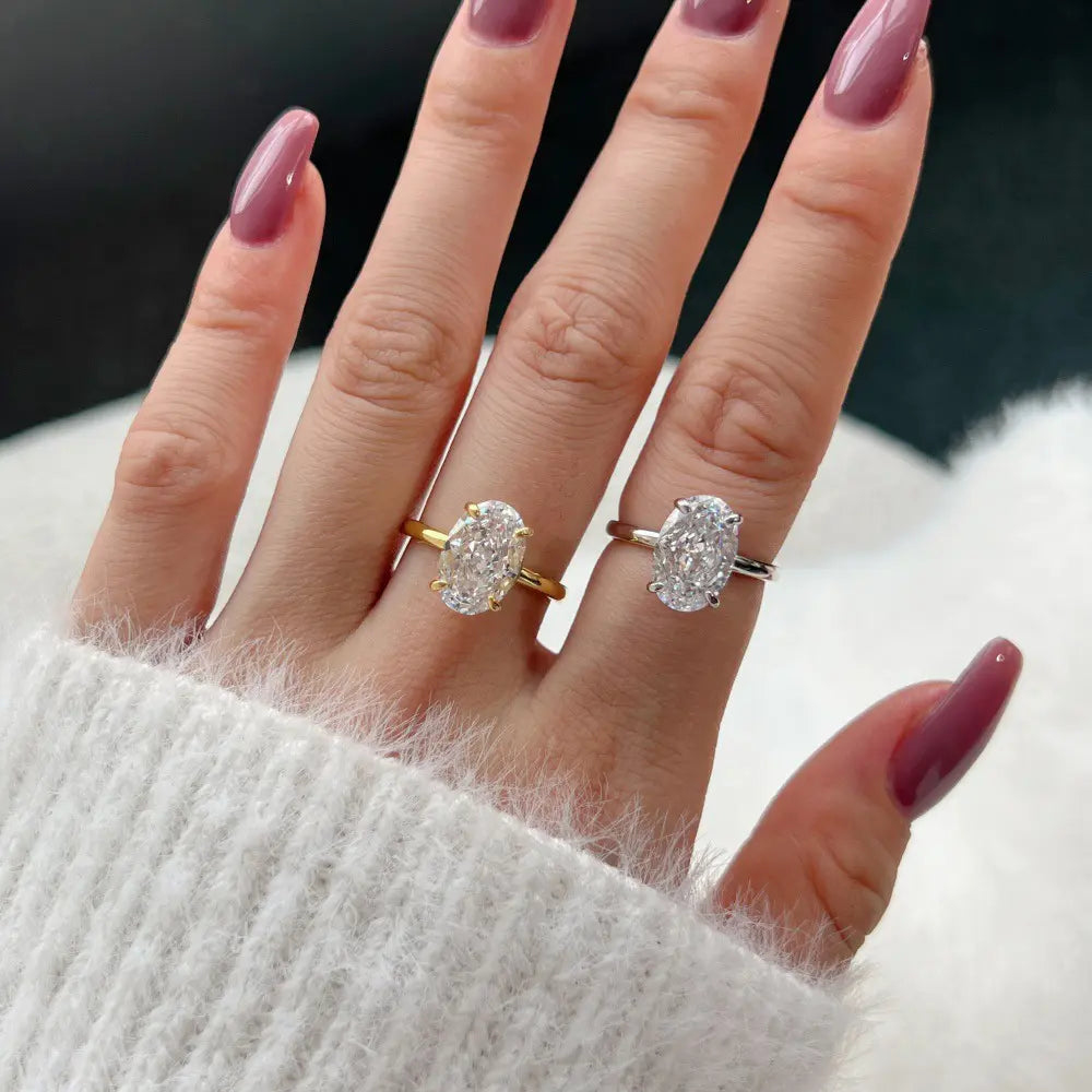 Gilded Frost Ring – Sterling Silver 18K Gold Plated 8×12mm Ice Cut Simulated Diamond Engagement Wedding Ring