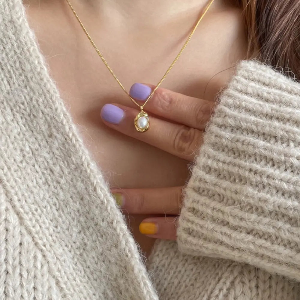 Sweet Pea Pearl Necklace-Cuban Chain with Freshwater Pearl Pod Pendant,Organic Asymmetrical Design