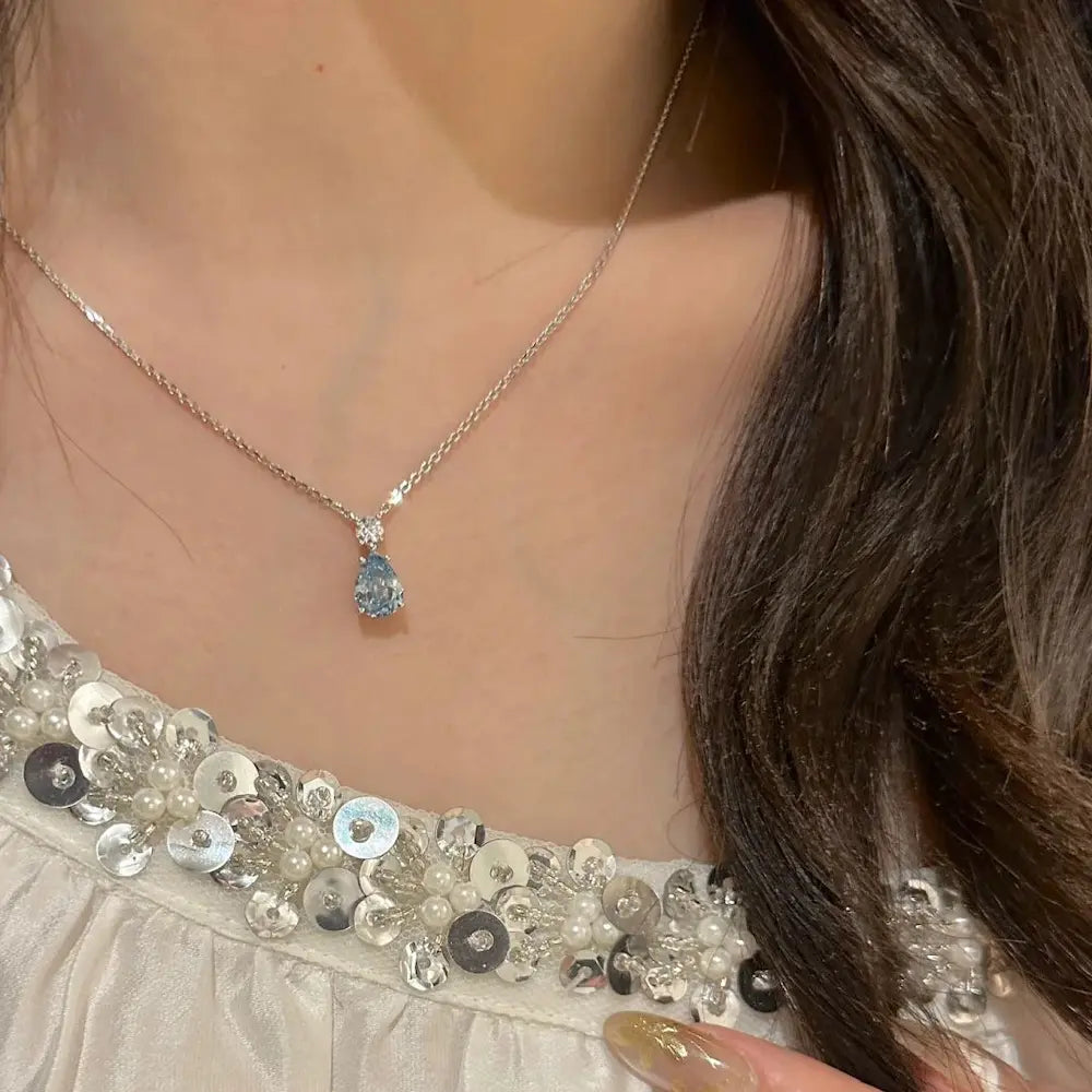 Cielo Drop Necklace-Sterling Silver Blue Teardrop Pendant,Vintage Heirloom Style for Layering