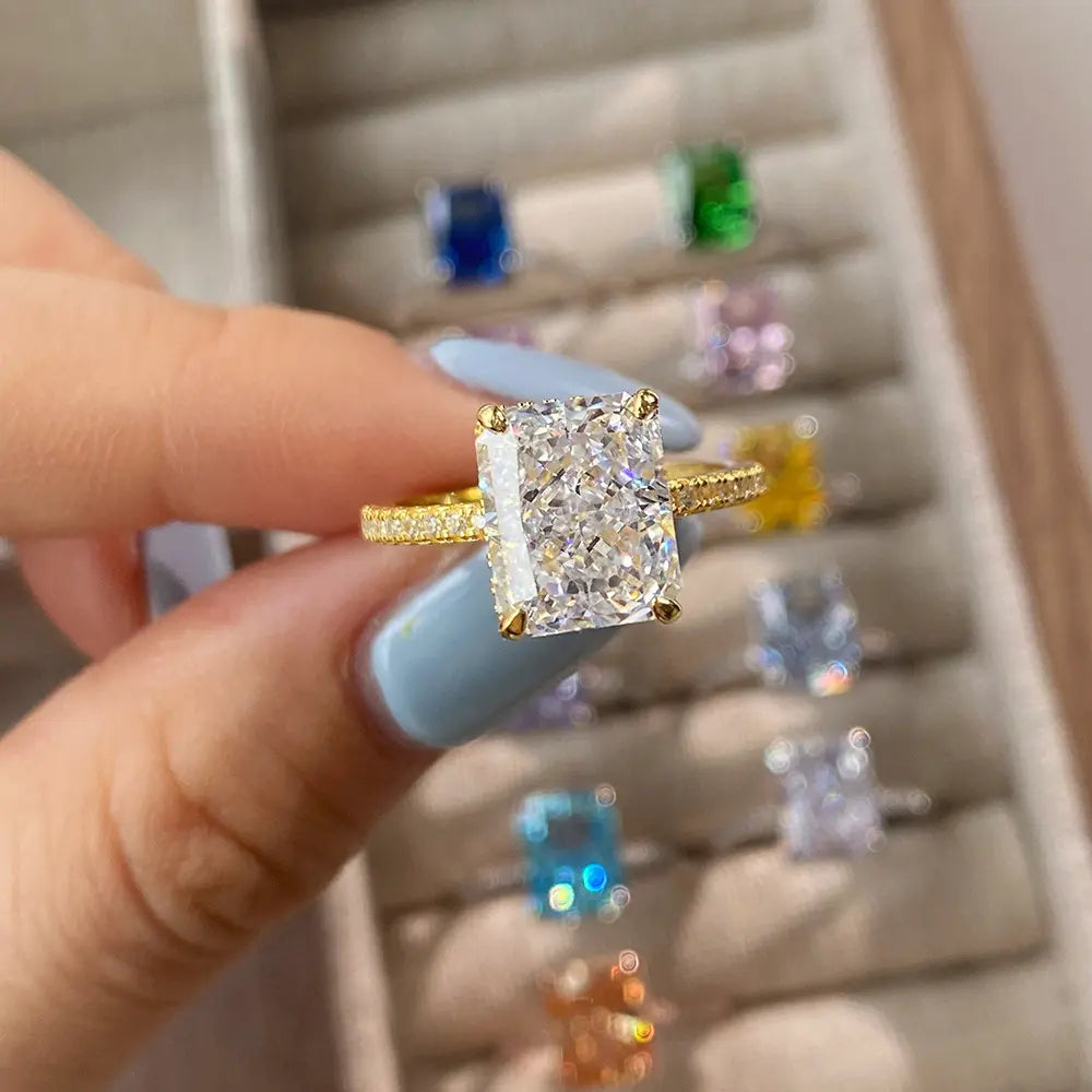 Lyra Ice Radiant Ring – Sterling Silver 8x10mm Radiant Cut Ice Flower Color Gemstone Anniversary Ring