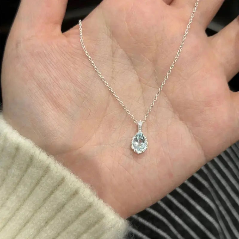 Mira Dew Necklace -Sterling Silver Tiny Light Blue Teardrop Pendant-Minimalist Everyday Layering Piece