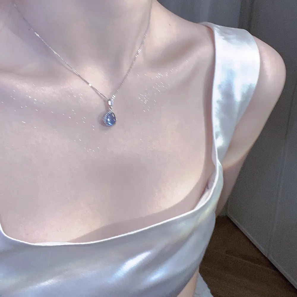 Serafina Tear Necklace – Sterling Silver Aquamarine Drop Pendant with Diamond Halo, Mermaid-Inspired