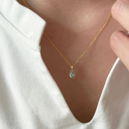 Mira Dew Necklace -Sterling Silver Tiny Light Blue Teardrop Pendant-Minimalist Everyday Layering Piece