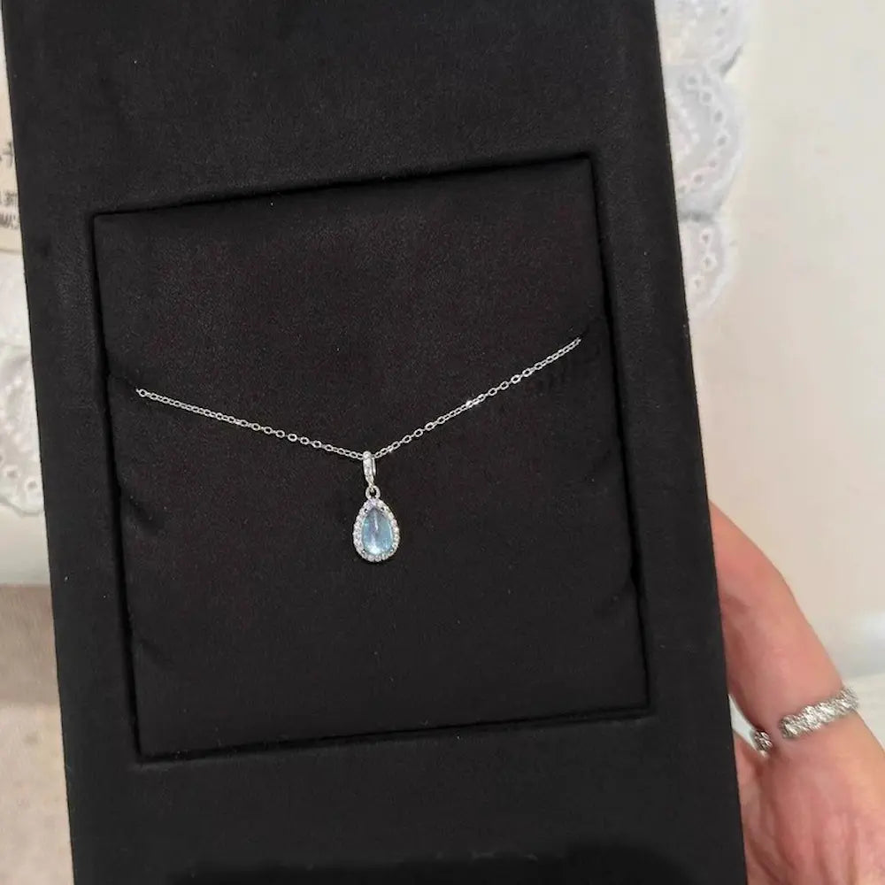 Serafina Tear Necklace – Sterling Silver Aquamarine Drop Pendant with Diamond Halo, Mermaid-Inspired
