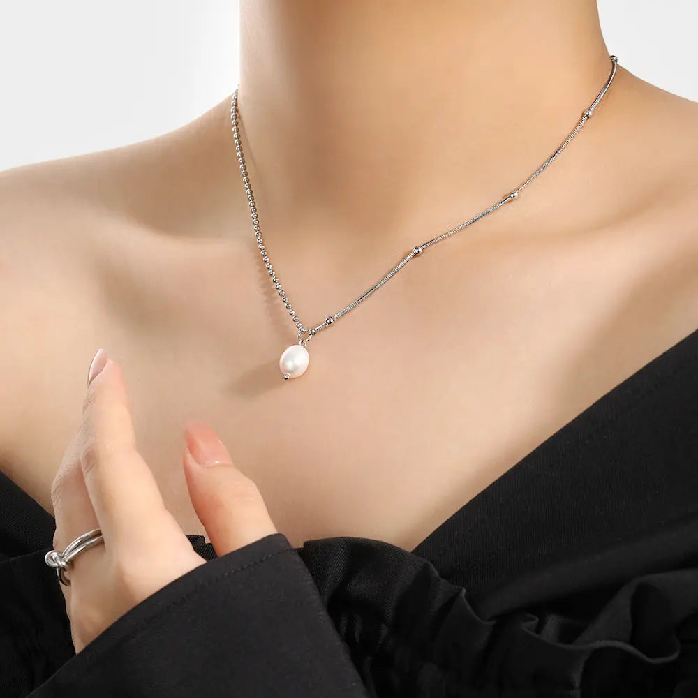 Vela Pearl Necklace-Titanium Steel Freshwater Pearl Alternating Link Chain,Minimalist Choker for Everyday Layering
