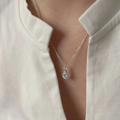 Mira Dew Necklace -Sterling Silver Tiny Light Blue Teardrop Pendant-Minimalist Everyday Layering Piece
