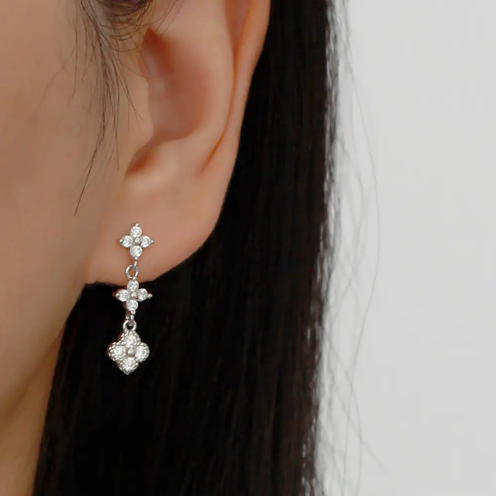 Lucky Trio Drops-Sterling Silver Three Clover Earrings,Minimalist Everyday Sparkle