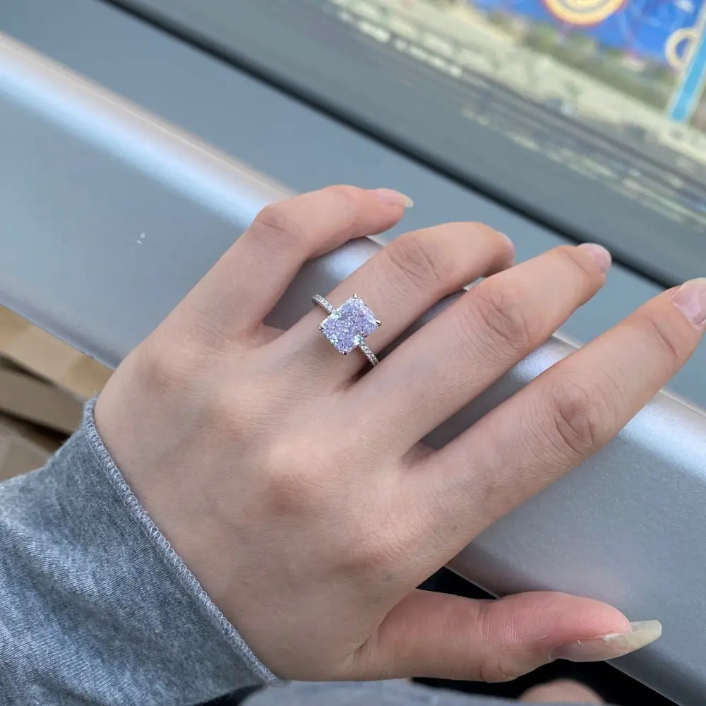 Lyra Ice Radiant Ring – Sterling Silver 8x10mm Radiant Cut Ice Flower Color Gemstone Anniversary Ring