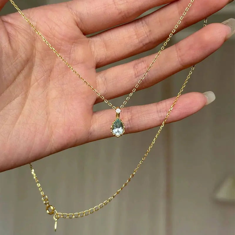 Mira Dew Necklace -Sterling Silver Tiny Light Blue Teardrop Pendant-Minimalist Everyday Layering Piece