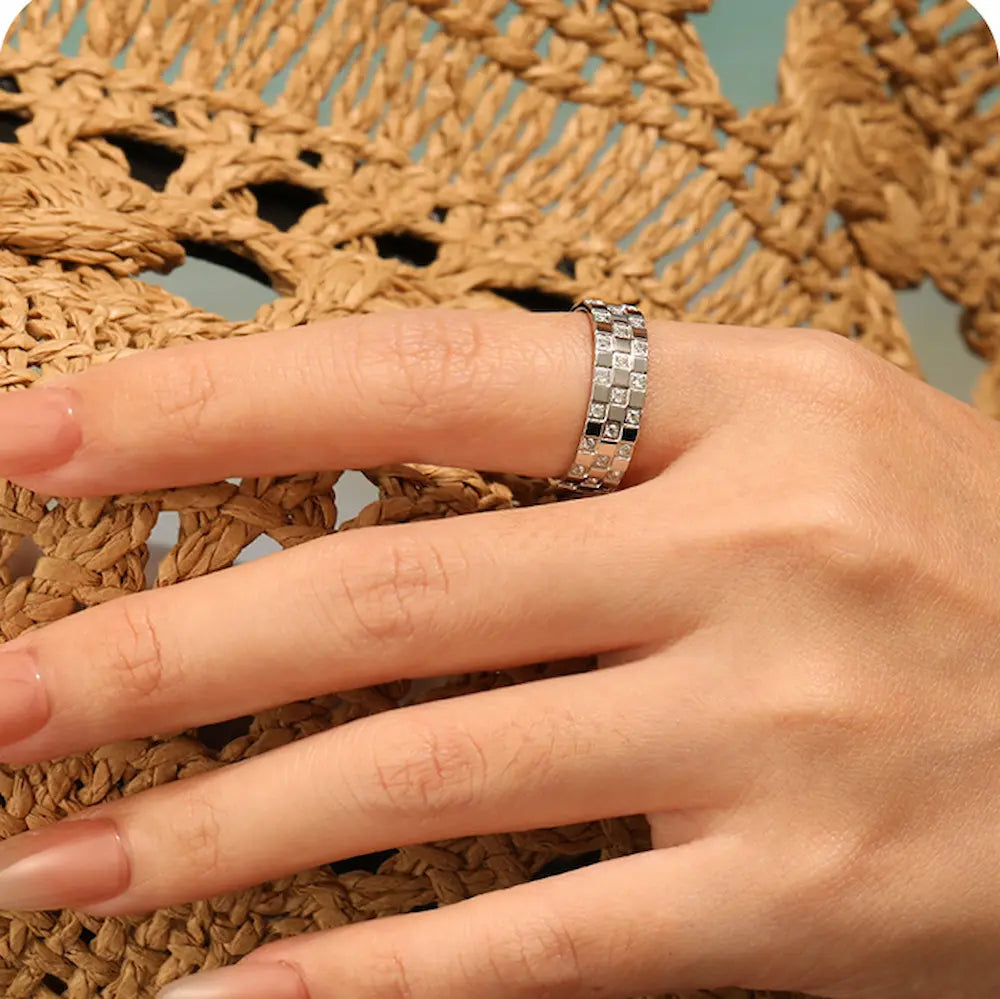Triella Grid Ring-Titanium Steel Wide Band 24K Gold Plated with Triple Row Pavé Crystals,Vintage Industrial Design